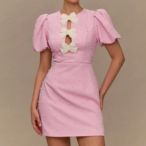 Pink Casual Women's Pearl Bow Decor Short Sleeve Dress - Picture 7 of 7